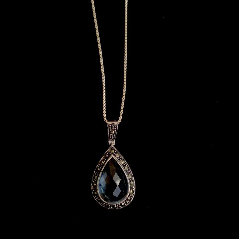 ANTIQUE ART DECO BIG 935 STERLING SILVER BLUE GLASS MARCASITE PENDANT NECKLACE